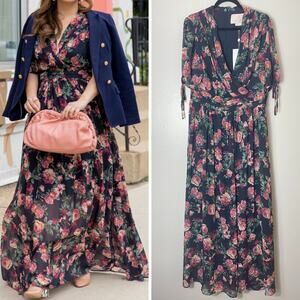 NWT Gal Meets Glam Dress 14 Ashlynn Floral Chiffon Navy Blue Pink Maxi Long